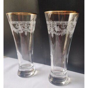 Queen Ann Collc. Circleware 12oz Gold Rim Pilsner Set Of 2 7"X3" New